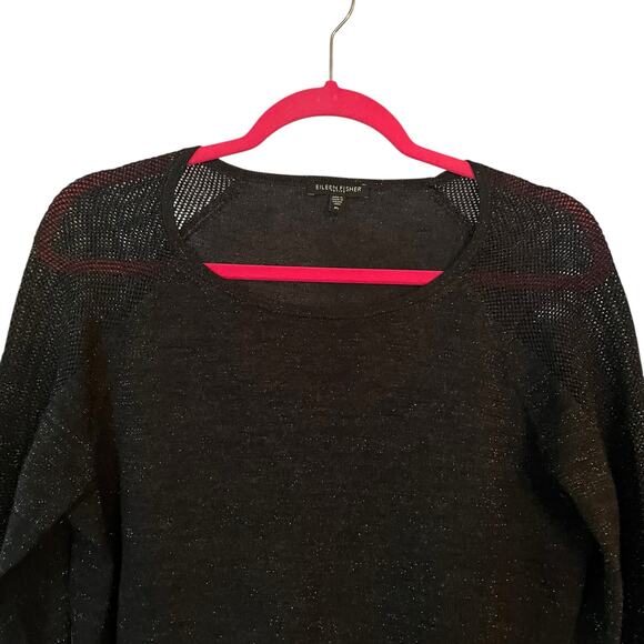Eileen Fisher Black Metallic Sweater Light Knit PL Wool Blend Holidays Shimmery - Picture 3 of 13